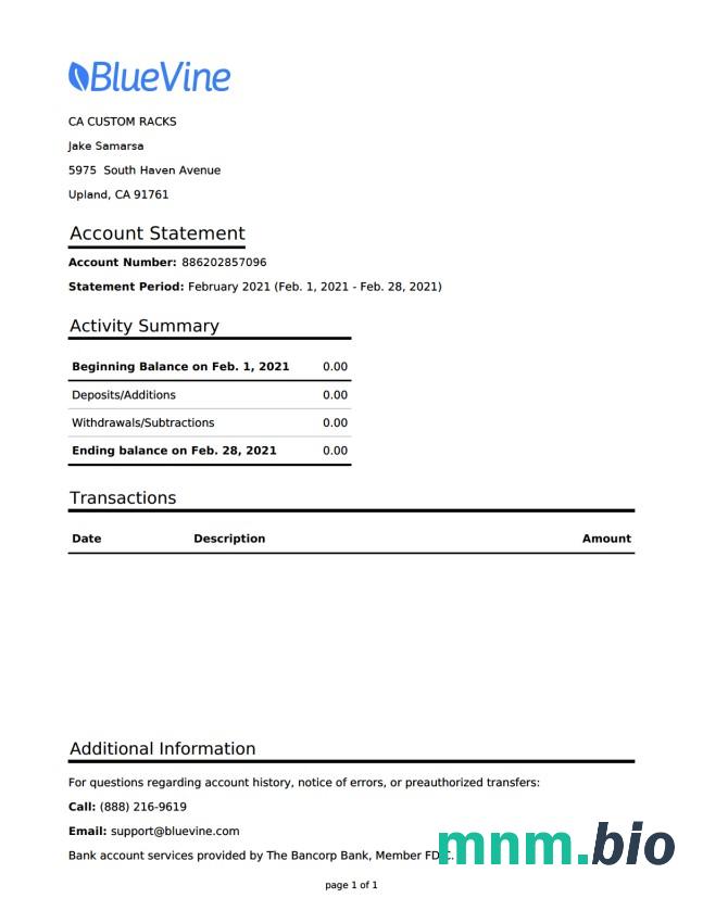 Wyciąg bankowy USA California BlueVine łatwy do wypełnienia szablon .xls i .format pliku pdf